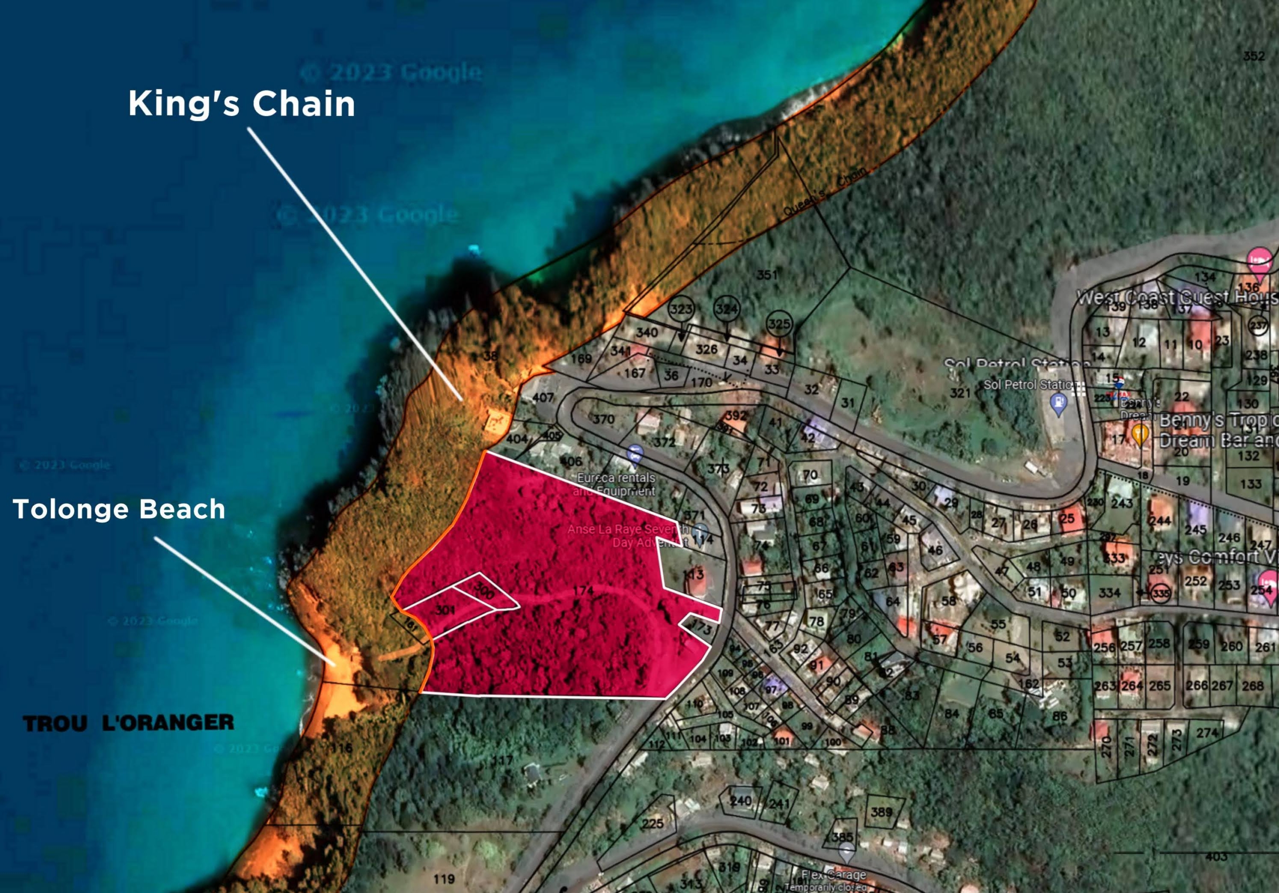 Satellite view - Beachfront Land for Sale in Anse La Raye St Lucia