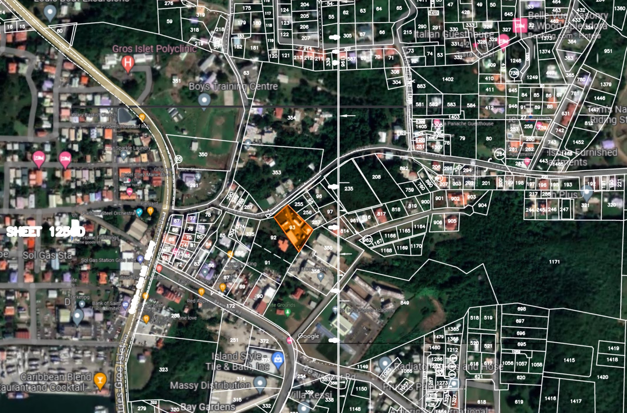 Satellite view Home and Mixed-Use Land for Sale in Gros Islet