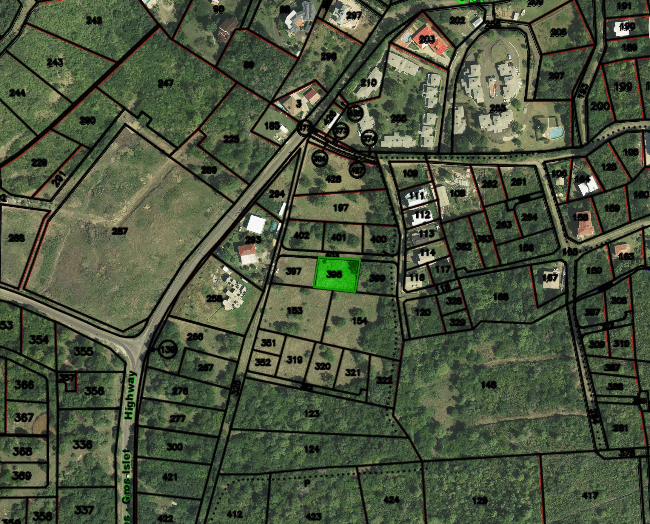 Satellite view with map sheet overlay 1257B 398